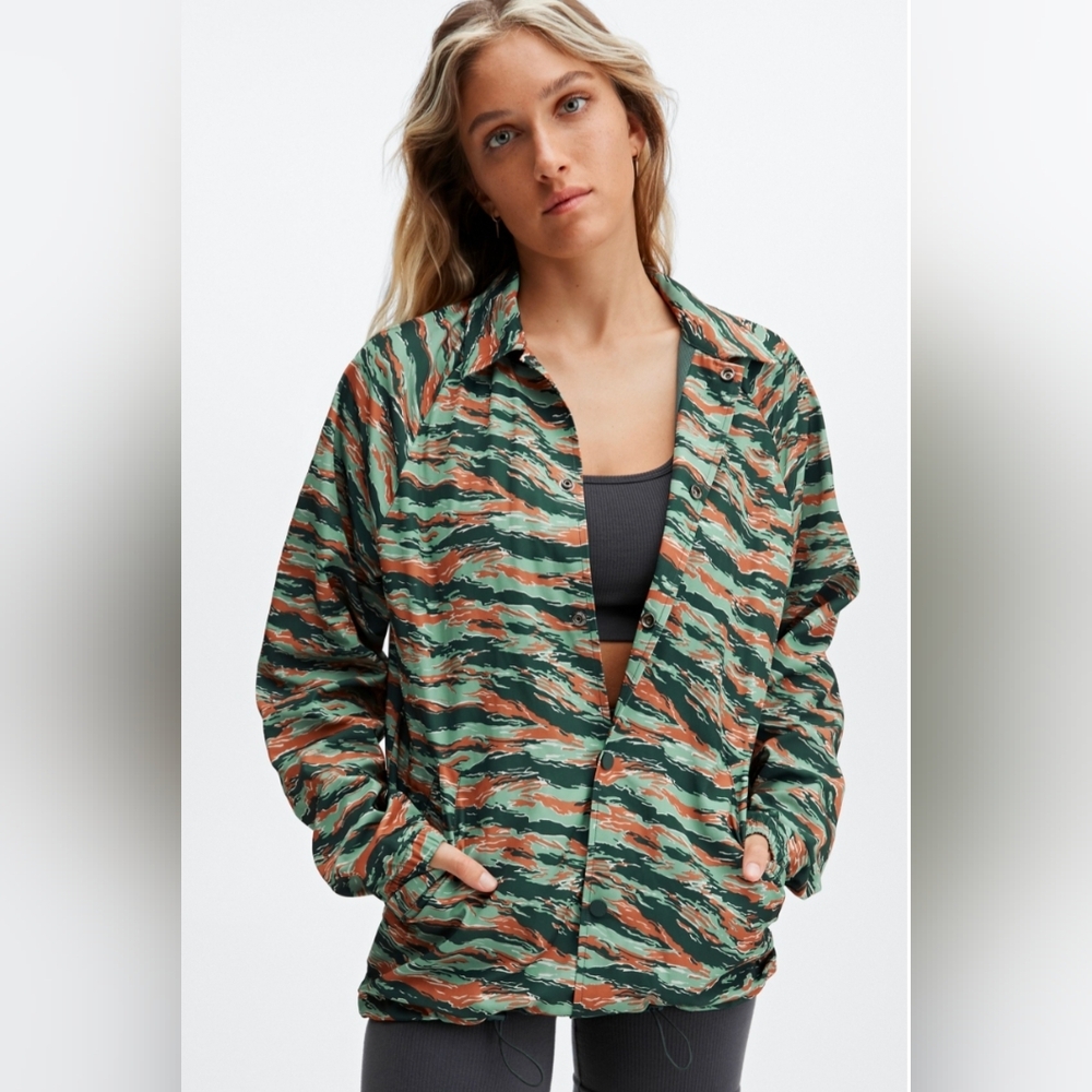 FABLETICS The Only Coaches Jacket Green Orange Tiger Camo Print Water-Resistant